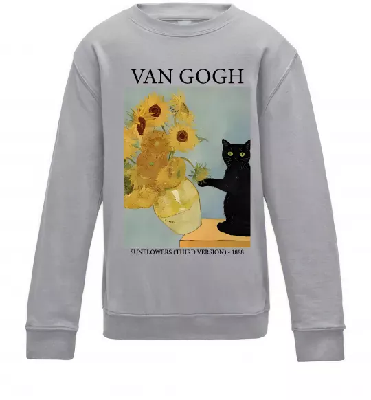 Детский Свитшот Van Gogh Sunflowers and cat Серый меланж фото