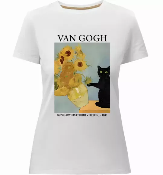 Жіноча преміум футболка Van Gogh Sunflowers and cat Білий фото