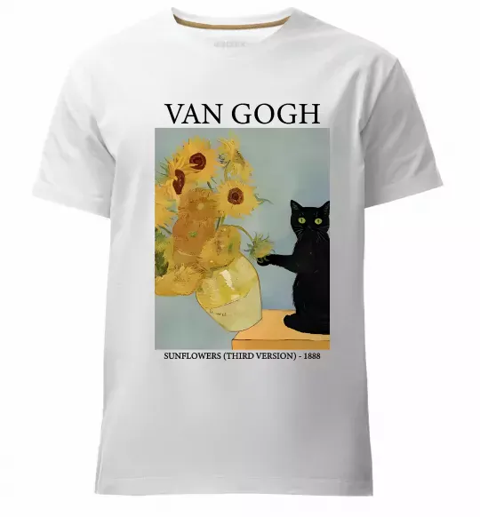 Мужская премиум футболка Van Gogh Sunflowers and cat Белый фото