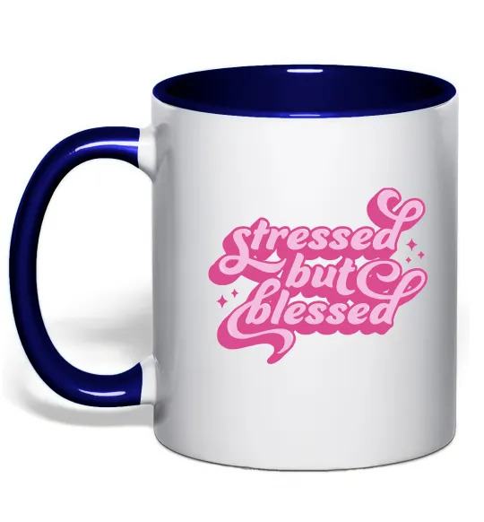 Чашка с цветной ручкой Stressed but blessed Глубокий темно-синий фото