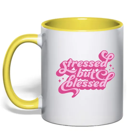 Чашка с цветной ручкой Stressed but blessed Лимонный фото