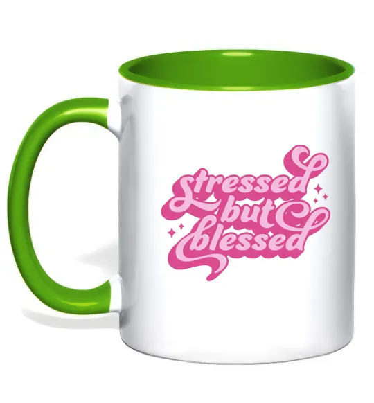 Чашка с цветной ручкой Stressed but blessed Лаймовый фото