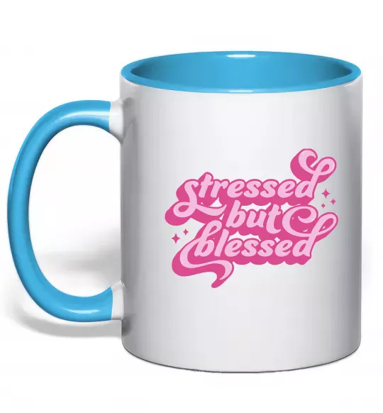 Чашка с цветной ручкой Stressed but blessed Голубой фото