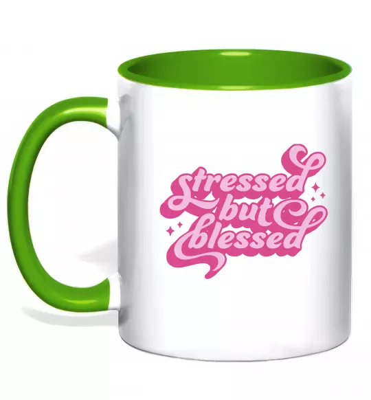 Чашка с цветной ручкой Stressed but blessed Зеленый фото