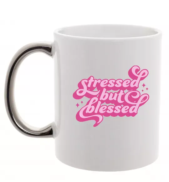 Чашка с цветной ручкой Stressed but blessed Серебро фото