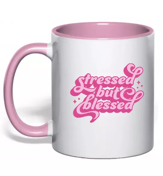 Чашка с цветной ручкой Stressed but blessed Нежно розовый фото
