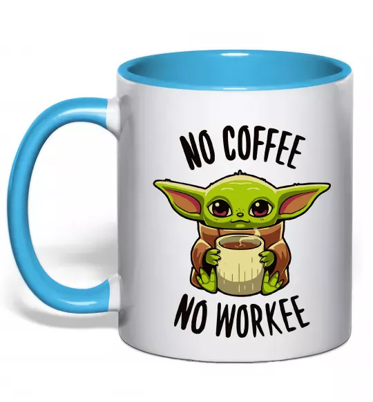 Чашка с цветной ручкой No coffee no workee Голубой фото