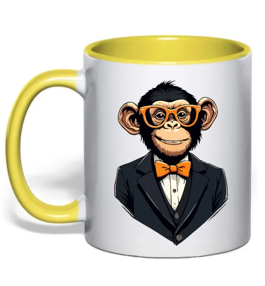 Чашка с цветной ручкой Шимпанзе діловий Лимонный фото