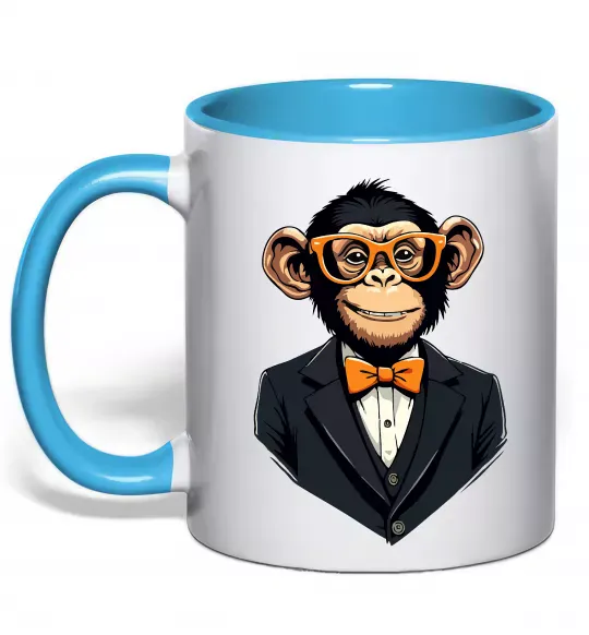 Чашка с цветной ручкой Шимпанзе діловий Голубой фото