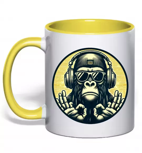 Чашка с цветной ручкой Мавпа в навушниках і окулярах Солнечно желтый фото