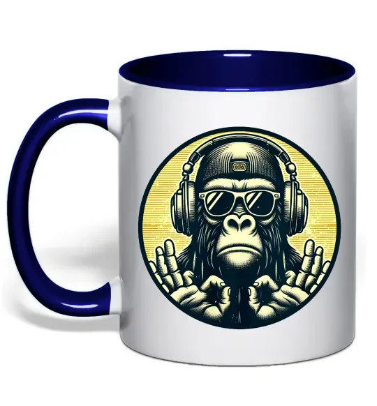Чашка с цветной ручкой Мавпа в навушниках і окулярах Глубокий темно-синий фото