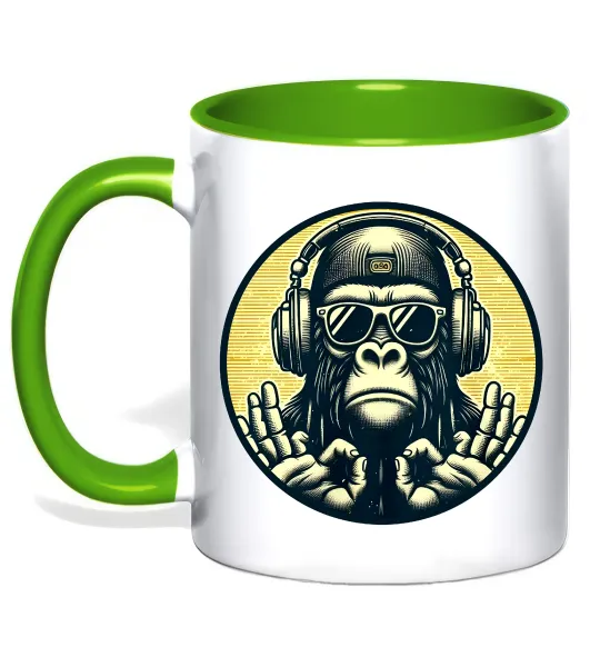 Чашка с цветной ручкой Мавпа в навушниках і окулярах Лаймовый фото