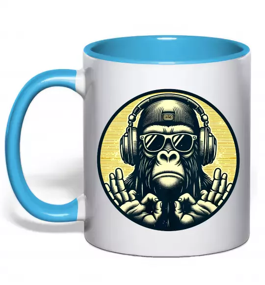 Чашка с цветной ручкой Мавпа в навушниках і окулярах Голубой фото