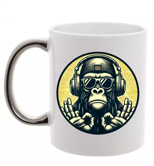 Чашка с цветной ручкой Мавпа в навушниках і окулярах Серебро фото