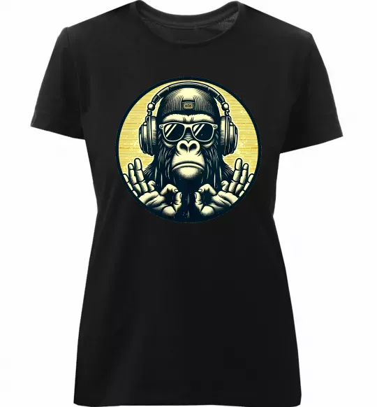 Женская премиум футболка Мавпа в навушниках і окулярах Черный фото