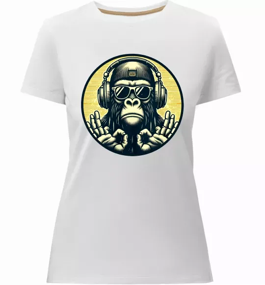 Женская премиум футболка Мавпа в навушниках і окулярах Белый фото