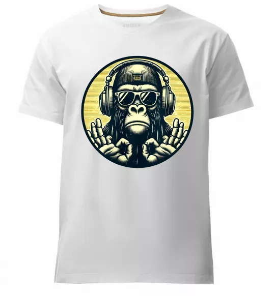 Чоловіча преміум футболка Мавпа в навушниках і окулярах Білий фото