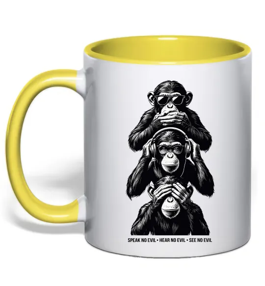 Чашка с цветной ручкой Speak hear see no Лимонный фото