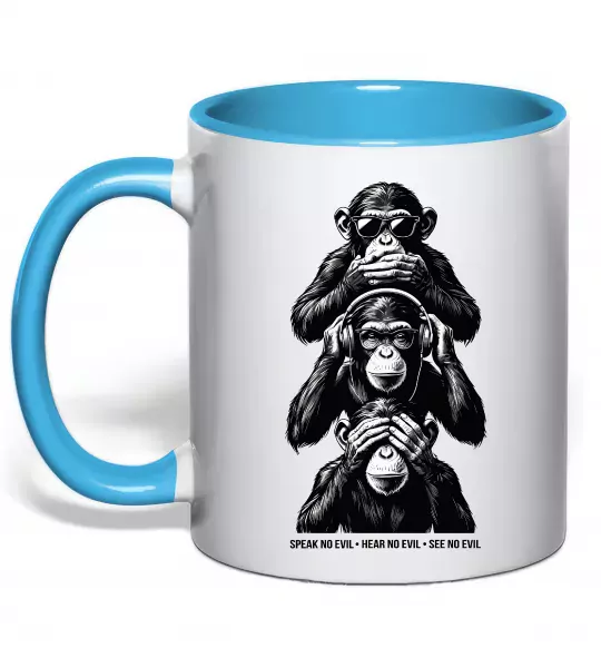 Чашка з кольоровою ручкою Speak hear see no Блакитний фото