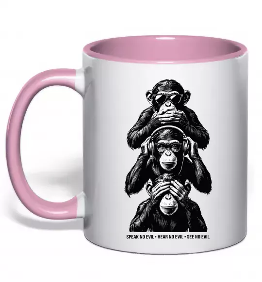 Чашка з кольоровою ручкою Speak hear see no Ніжно рожевий фото