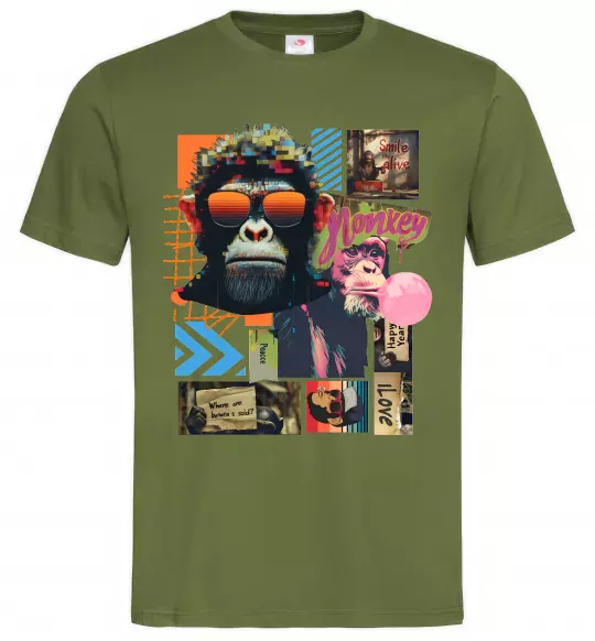 Мужская футболка Monkey poster Оливковый фото