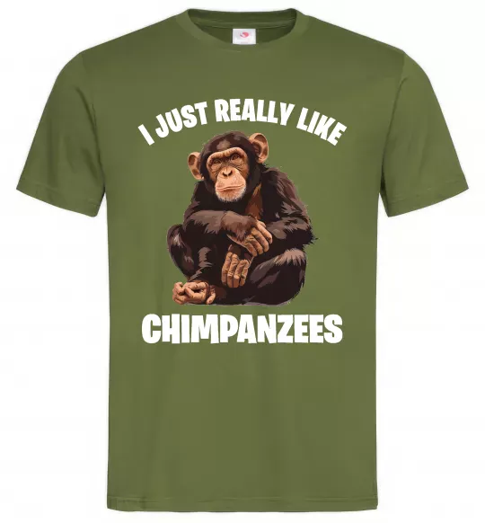 Мужская футболка I really like chimpanzees Оливковый фото