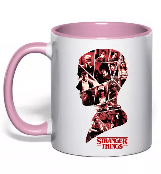Чашка с цветной ручкой Силует колаж stranger things Нежно розовый фото