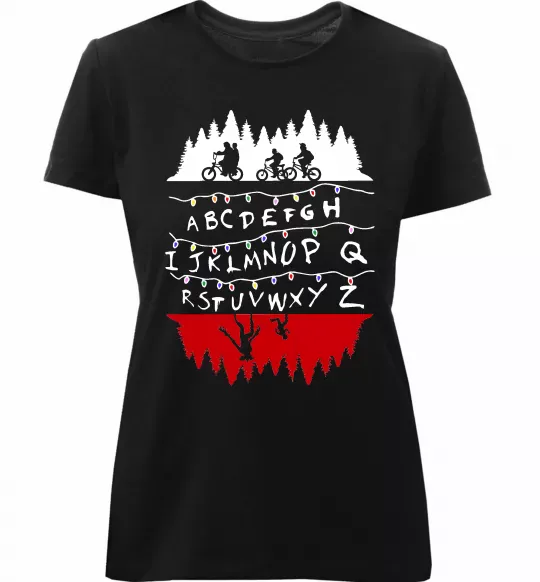 Женская премиум футболка Stranger things ABCD Черный фото