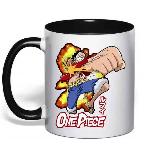 Чашка з кольоровою ручкою Luffy punch Чорний фото