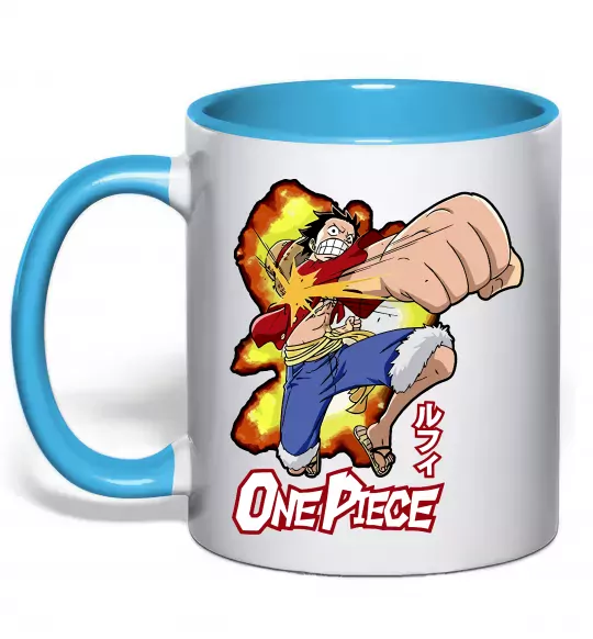 Чашка з кольоровою ручкою Luffy punch Блакитний фото