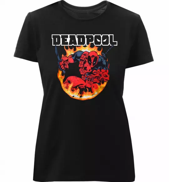 Женская премиум футболка Deadpool fire Черный фото