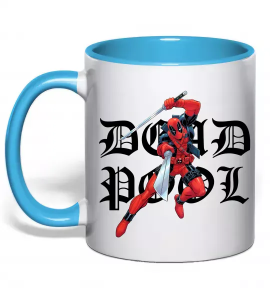Чашка з кольоровою ручкою Дедпул з мечами Блакитний фото