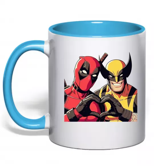 Чашка с цветной ручкой Wolverine and deadpool Голубой фото