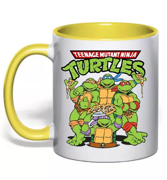 Чашка з кольоровою ручкою Ninja turtles with pizza Сонячно жовтий фото