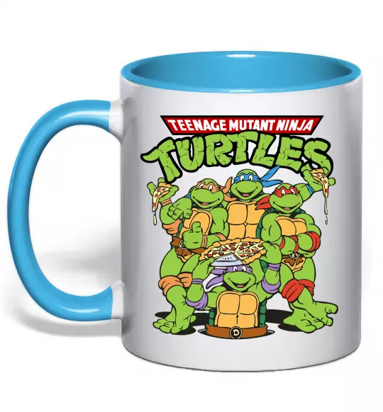 Чашка з кольоровою ручкою Ninja turtles with pizza Блакитний фото