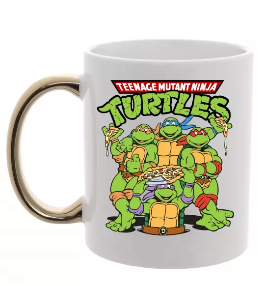 Чашка з кольоровою ручкою Ninja turtles with pizza Золото фото
