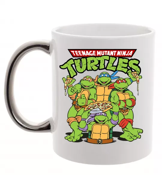 Чашка з кольоровою ручкою Ninja turtles with pizza Срібло фото