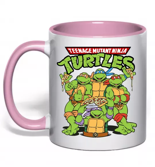 Чашка з кольоровою ручкою Ninja turtles with pizza Ніжно рожевий фото