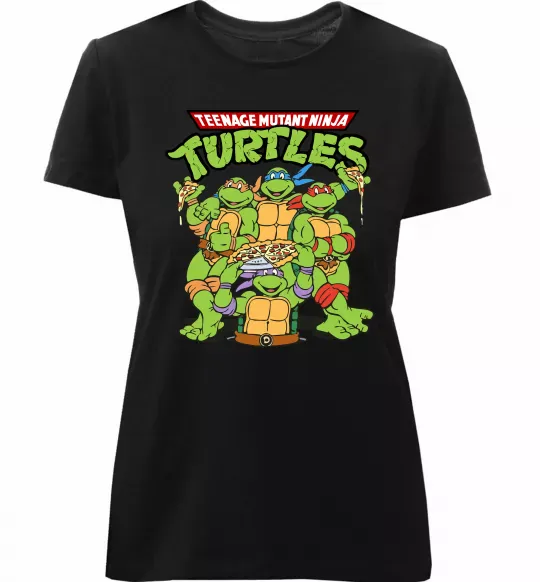 Жіноча преміум футболка Ninja turtles with pizza Чорний фото