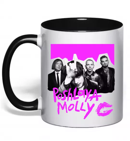 Чашка с цветной ручкой Poshlaya Molly band pink Черный фото