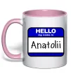 Чашка з кольоровою ручкою Hello my name is Anatolii Ніжно рожевий фото