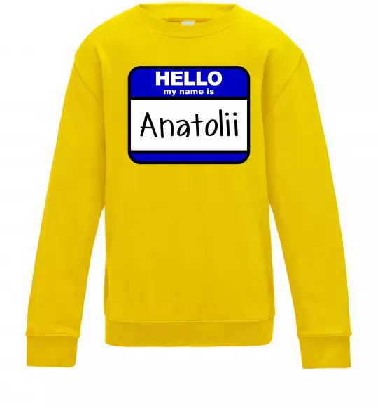 Дитячий світшот Hello my name is Anatolii Сонячно жовтий фото