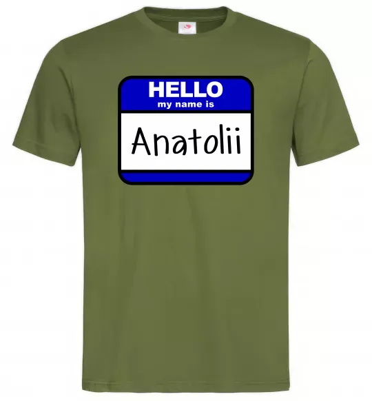Мужская футболка Hello my name is Anatolii Оливковый фото