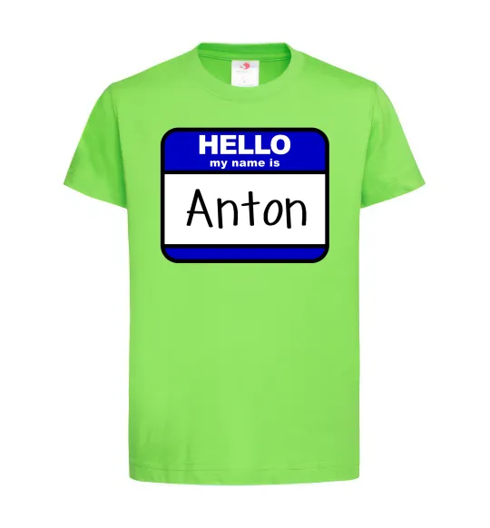 Дитяча футболка Hello my name is Anton Лаймовий фото
