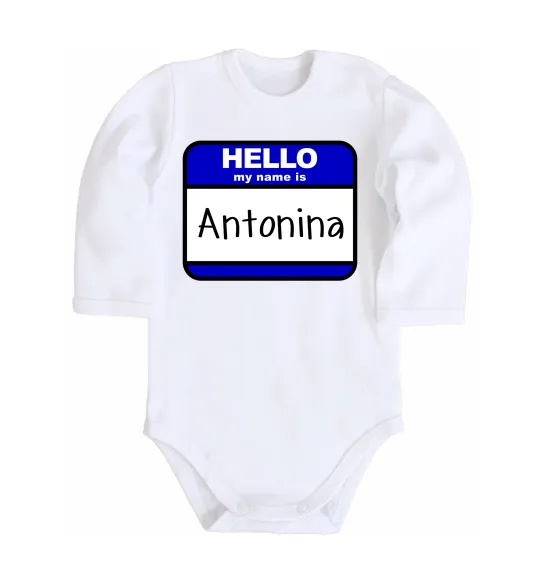 Детский боди Hello my name is Antonina Белый фото
