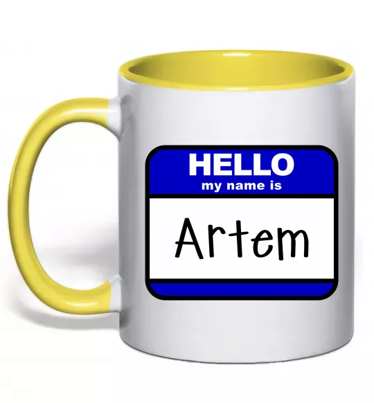 Чашка с цветной ручкой Hello my name is Artem Солнечно желтый фото