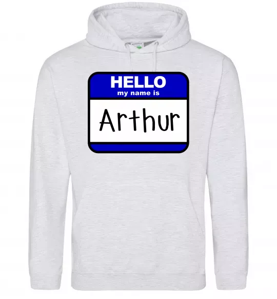 Мужская толстовка (худи) Hello my name is Arthur Серый меланж фото