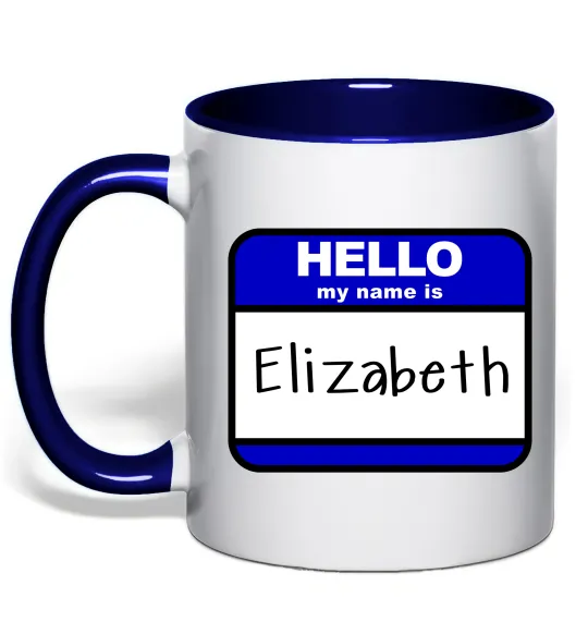 Чашка з кольоровою ручкою Hello my name is Elizabeth Глибокий темно-синій фото