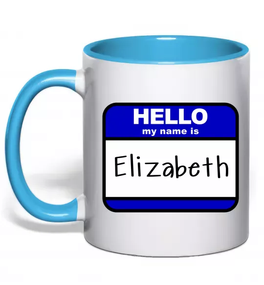 Чашка з кольоровою ручкою Hello my name is Elizabeth Блакитний фото