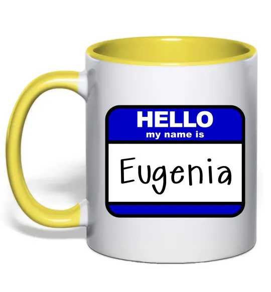 Чашка с цветной ручкой Hello my name is Eugenia Лимонный фото